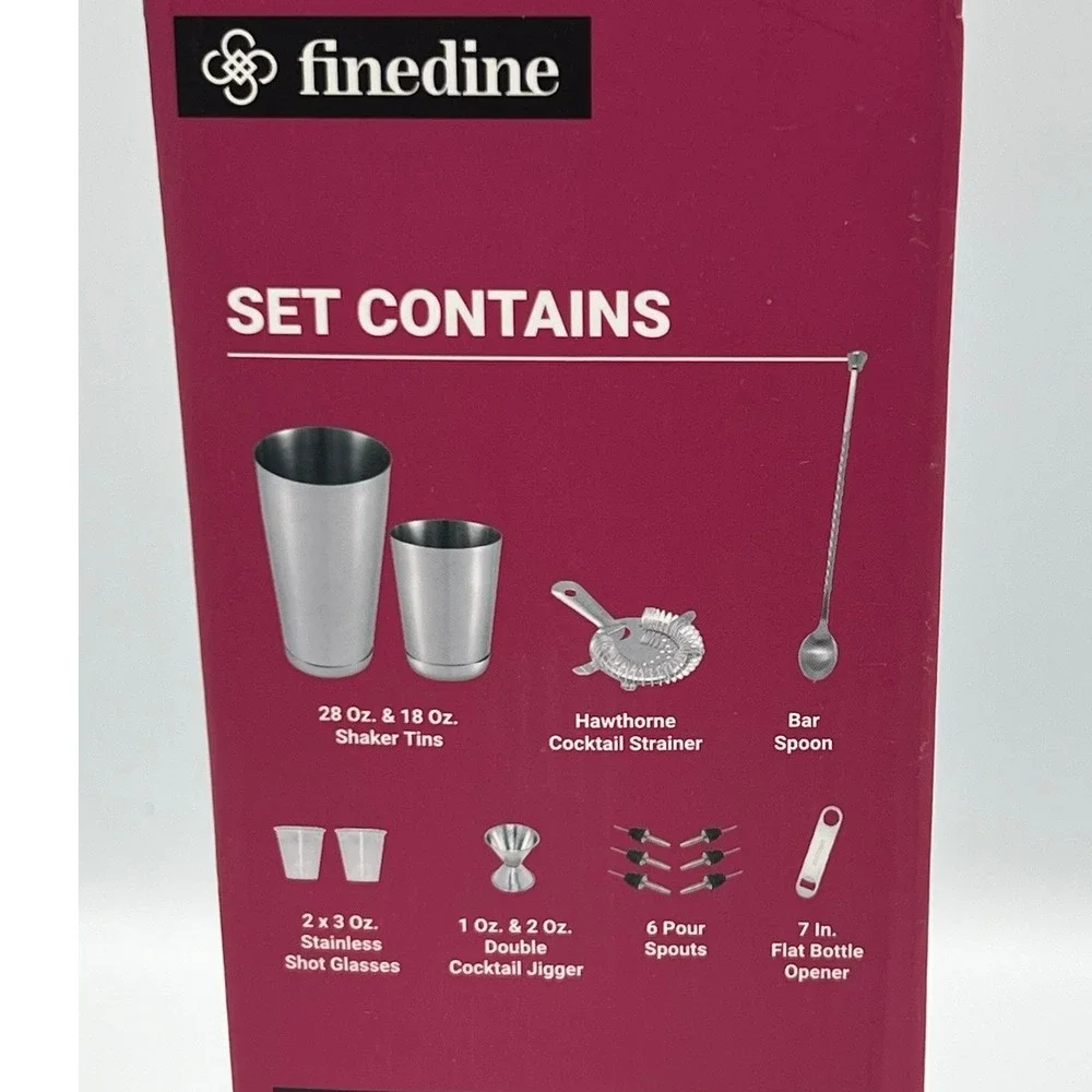 FineDine 14pc Stainless Steel Bar Set Silver Cocktail Shaker Like New